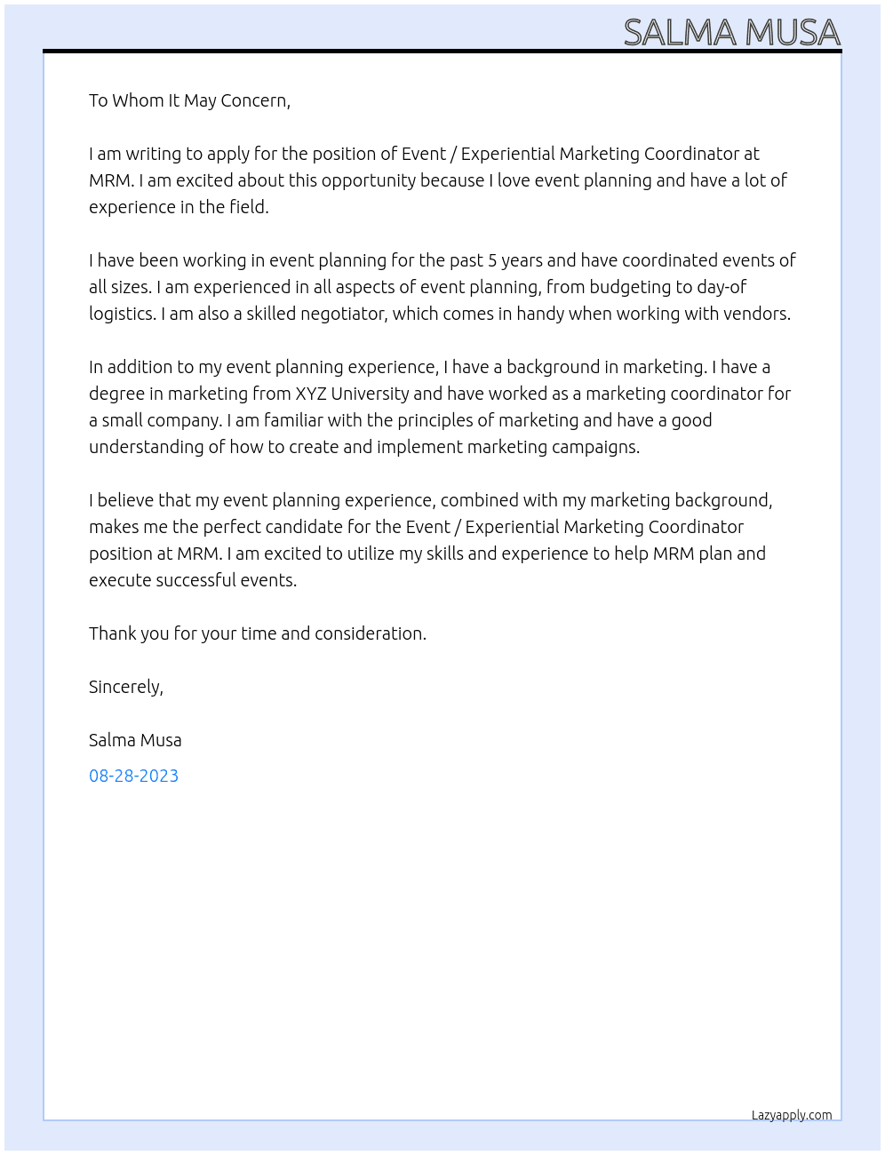 Event / Experiential Marketing Coordinator At MRM Cover Letter