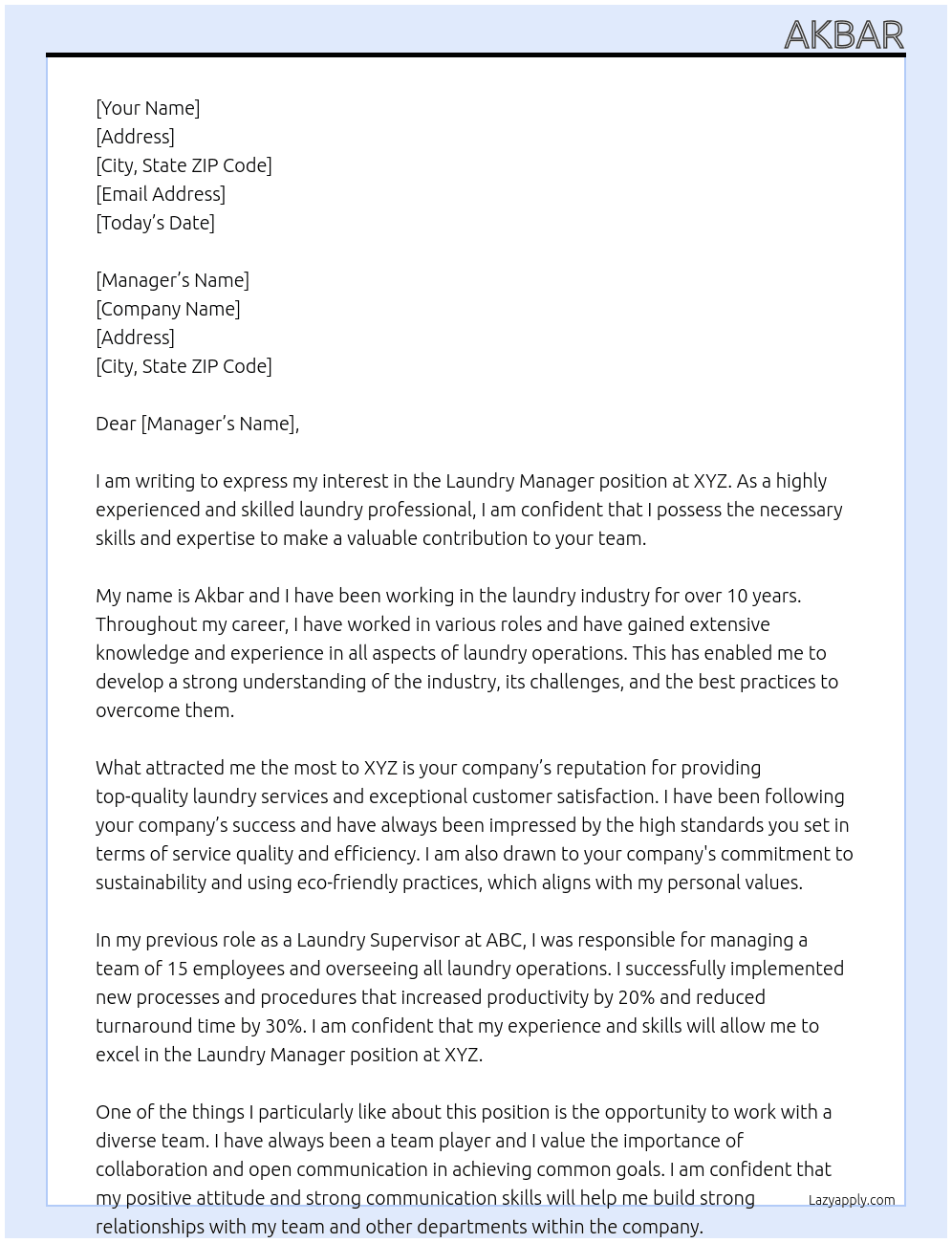 LAUNDRY At XYZ Cover Letter