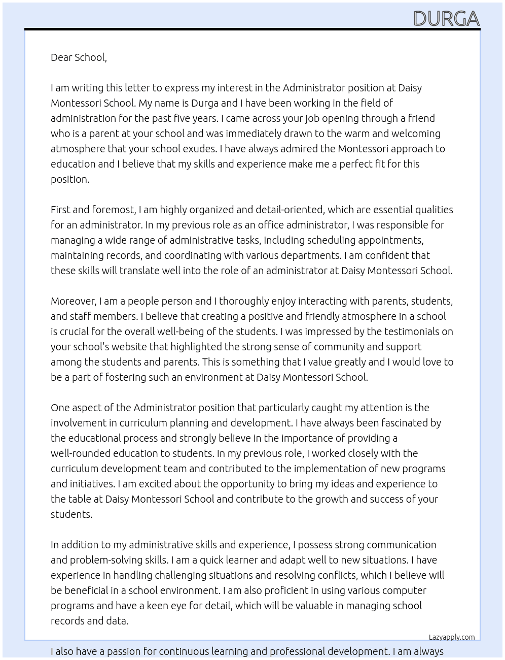 Administrator At Daisy Montessori school  Cover Letter