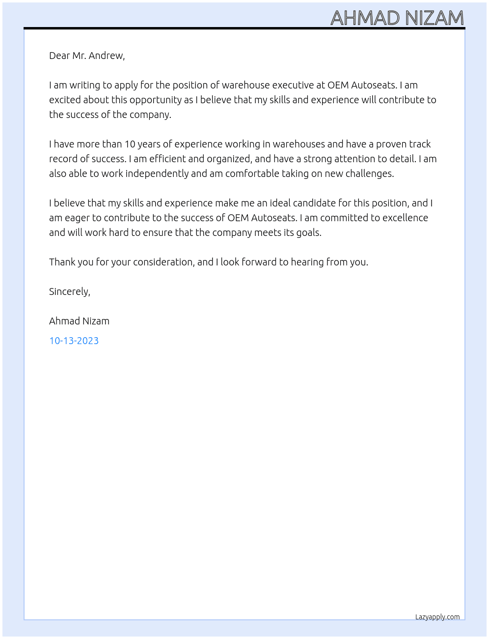 warehouse excecutive At OEM Autoseats Cover Letter