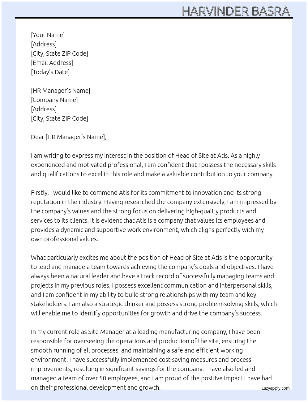 Head of site At Atis Cover Letter