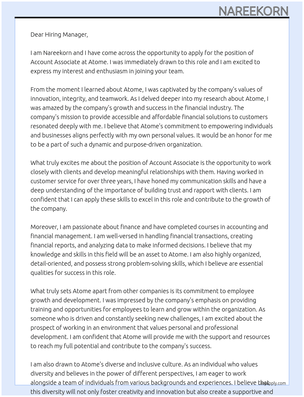Account Associate At Atome Cover Letter