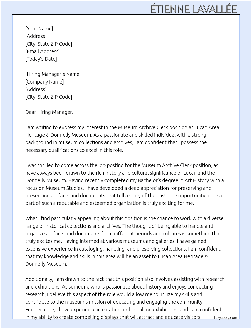 Museum Archive Clerk At Lucan Area Heritage & Donnelly Museum Cover Letter