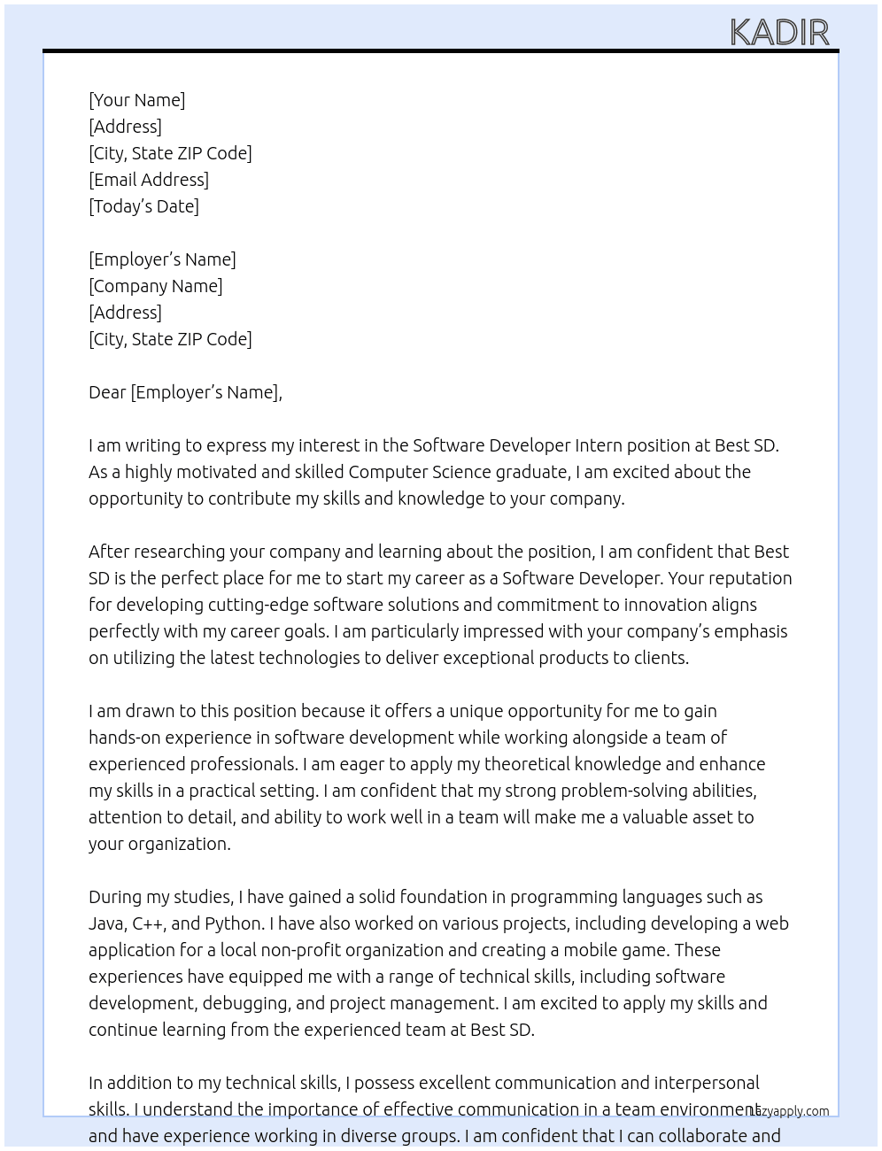 Software Developer Intern  At Best SD Cover Letter