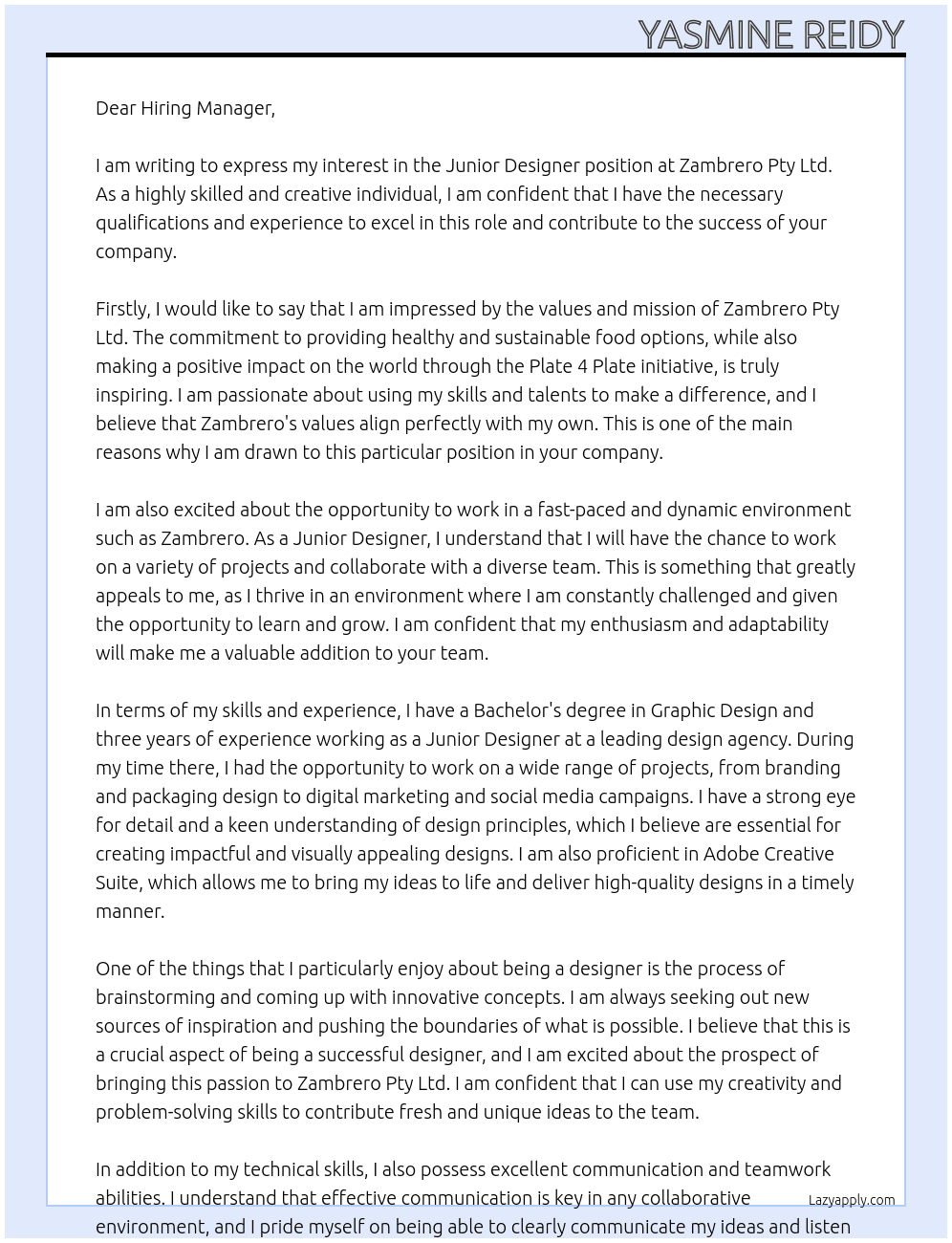 Junior Designer At Zambrero Pty Ltd Cover Letter
