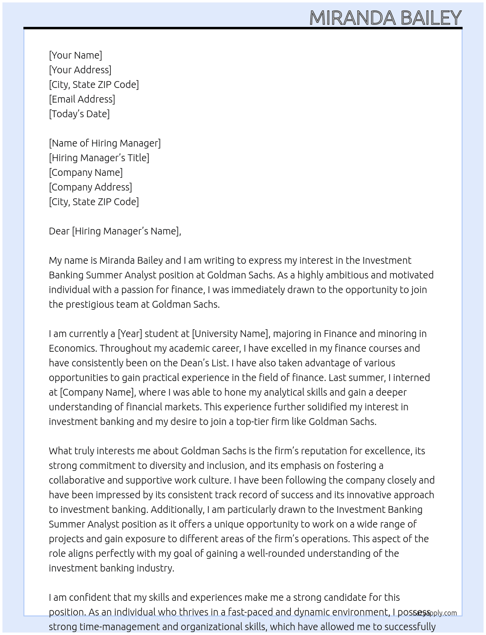 investment banking summer analyst At Goldman Sachs  Cover Letter