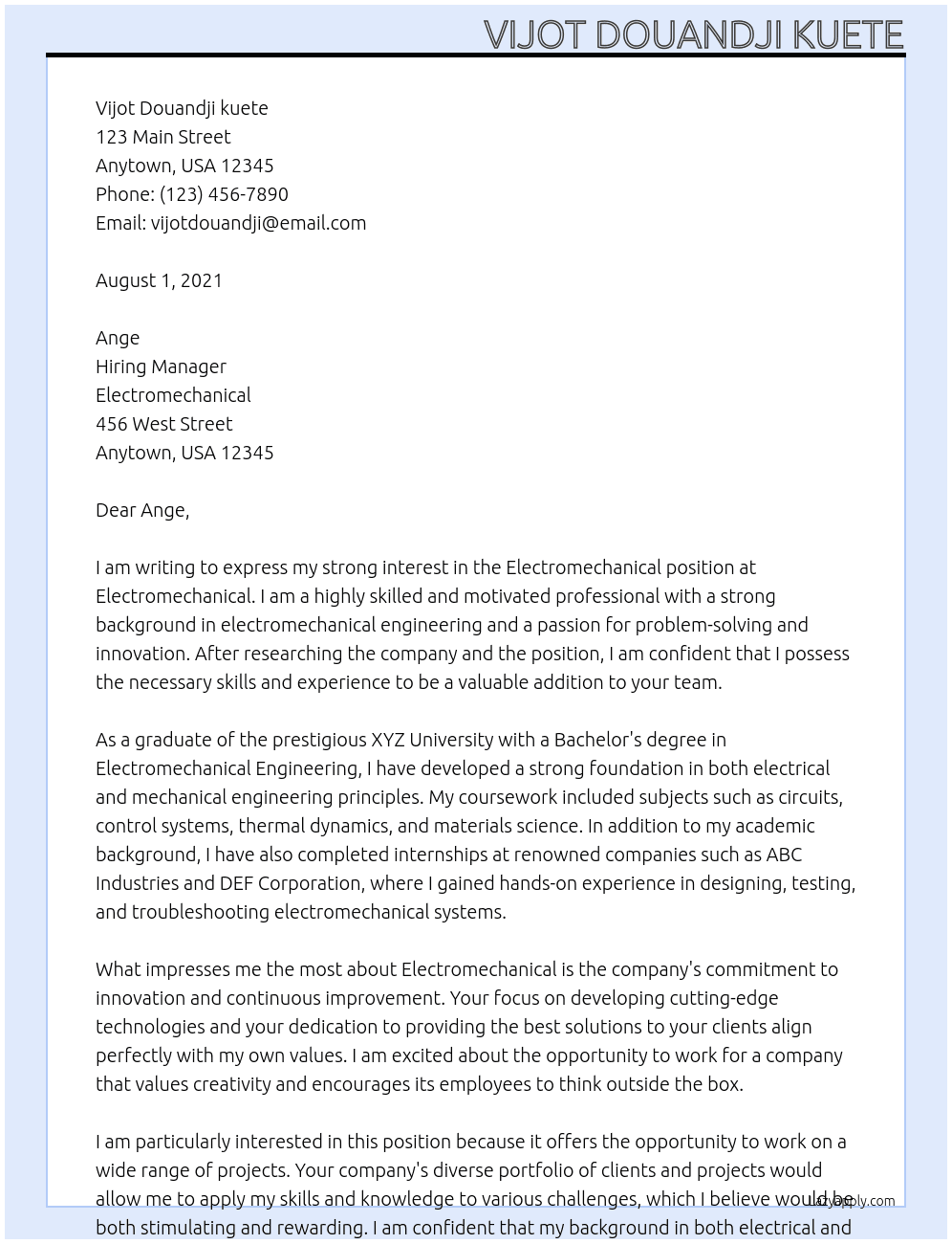 Electromechanical  At Electromechanical  Cover Letter