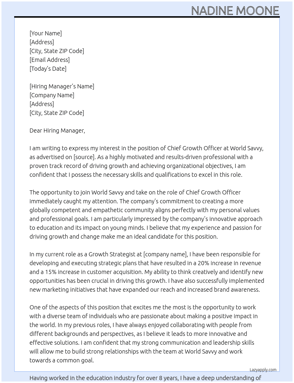 Chief Growth Office At World Savvy Cover Letter