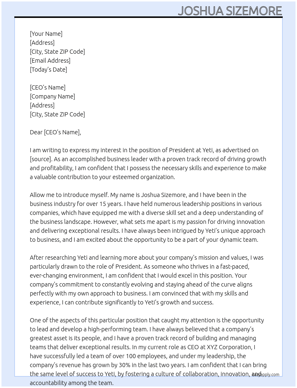 President  At Yeti  Cover Letter