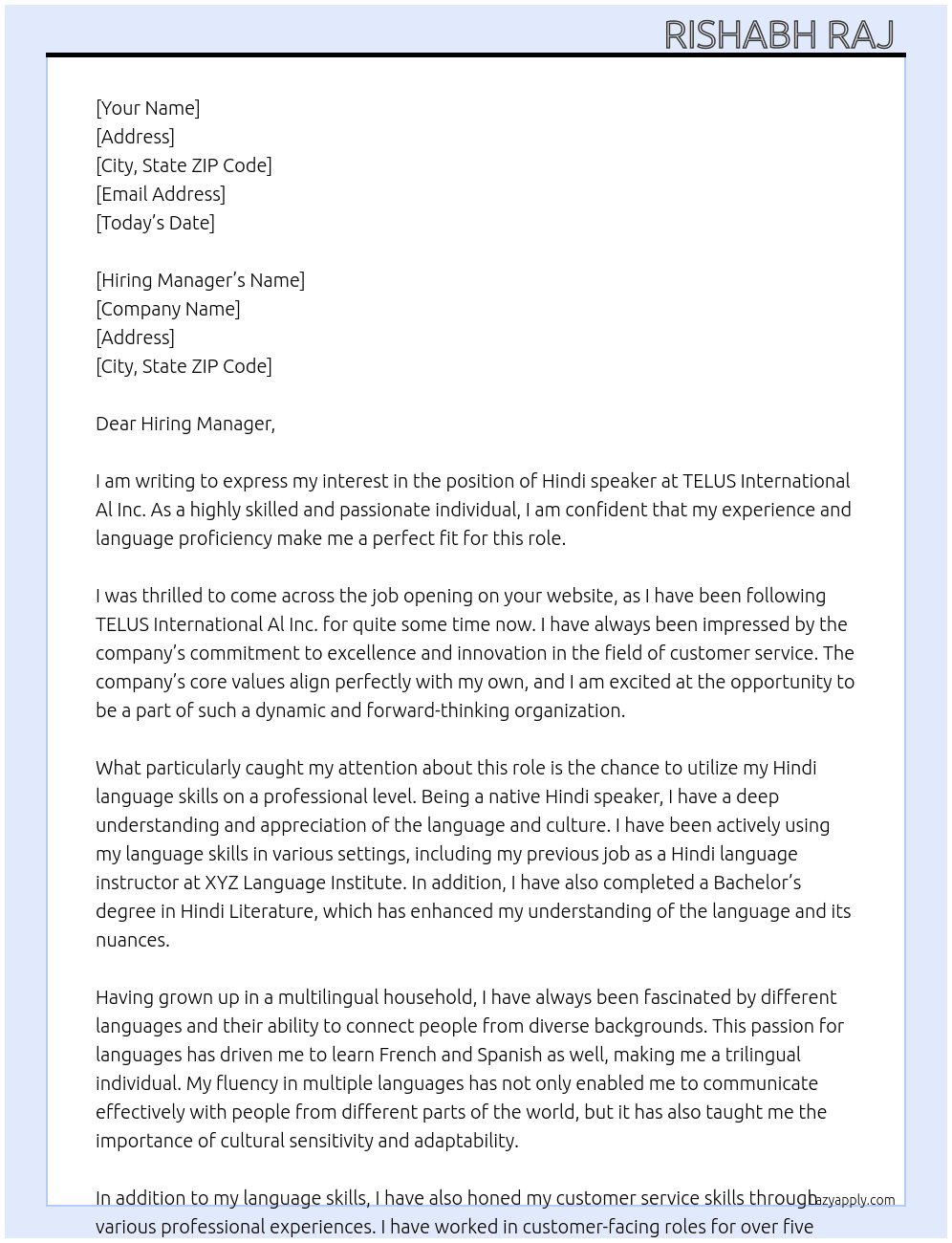 Hindi speaker  At TELUS International Al Inc. Cover Letter