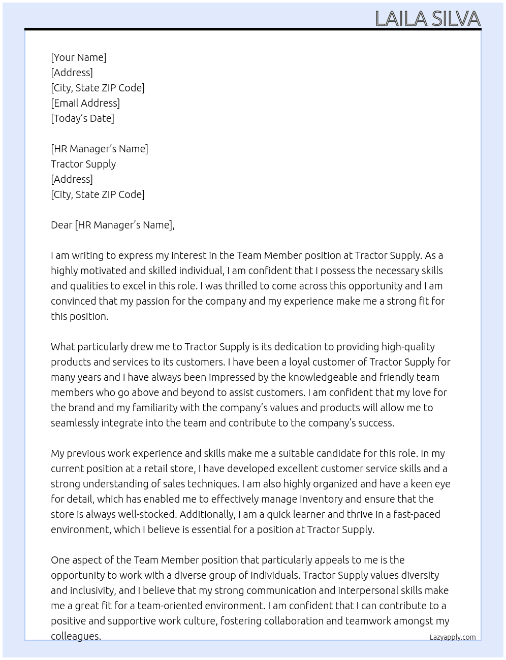 Team member  At Tractor supply  Cover Letter