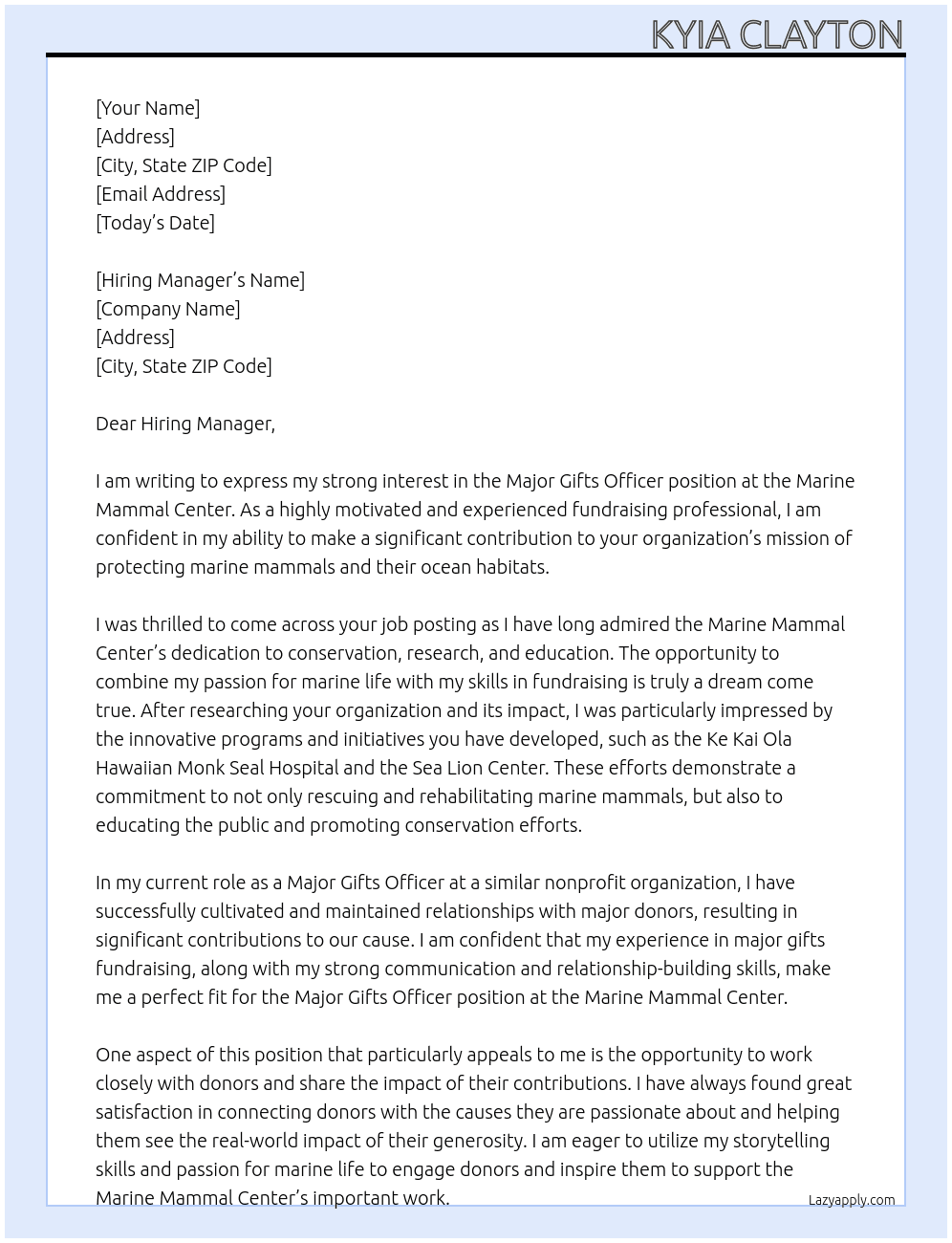 Major Gifts Officer At Marine Mammal Center Cover Letter