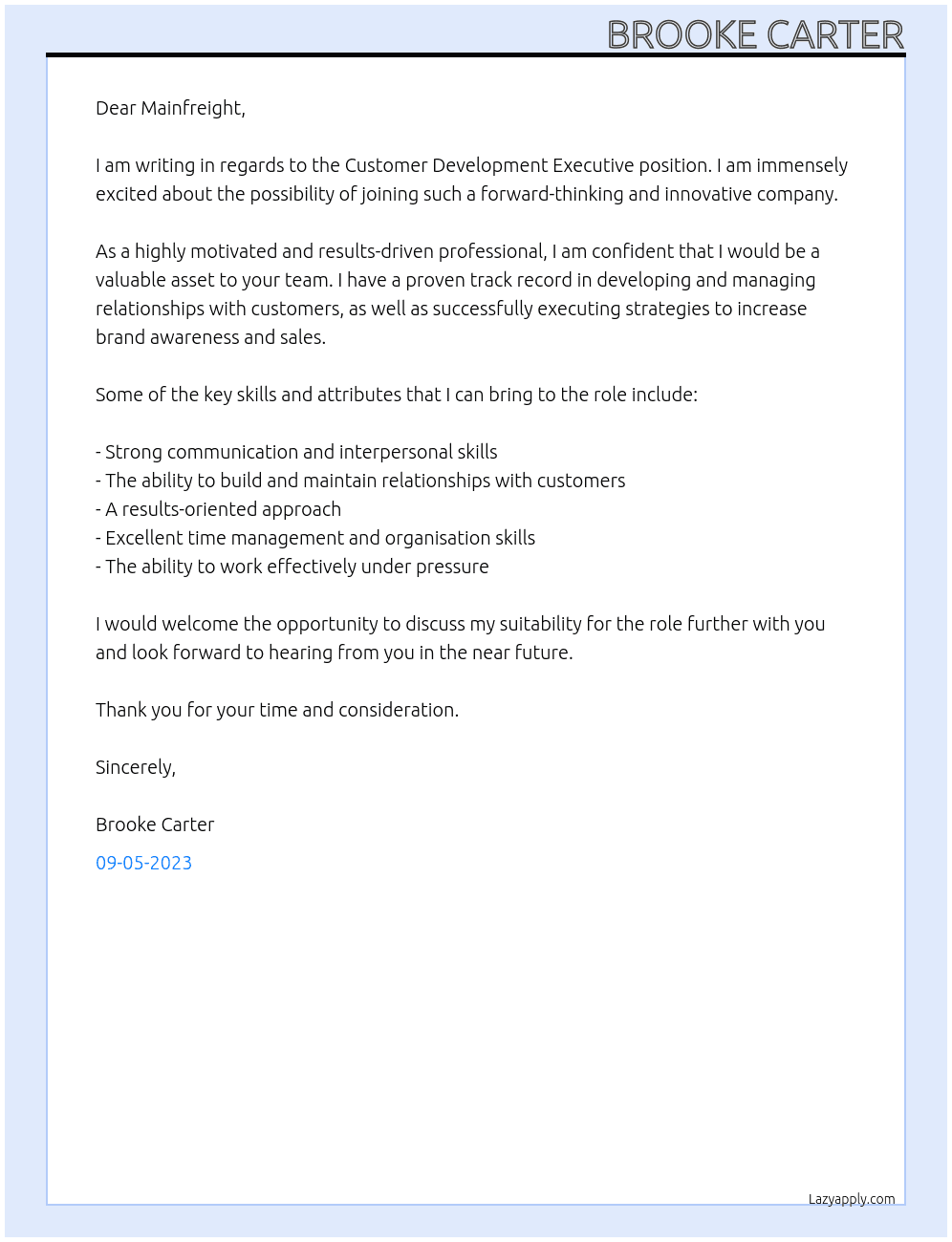 Customer Development Executive At Mainfreight Cover Letter