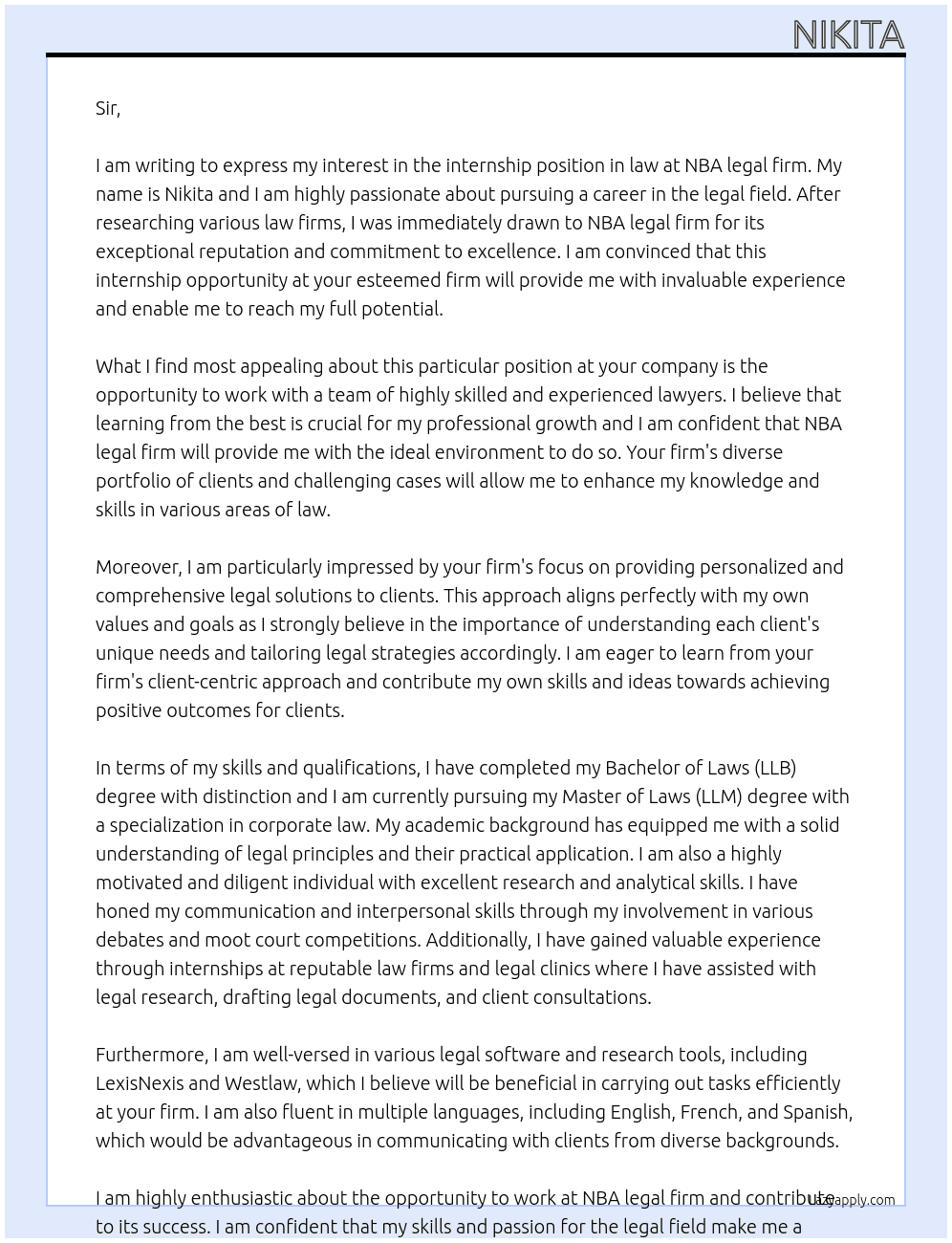 Application for internship in law At NBA legal firm  Cover Letter