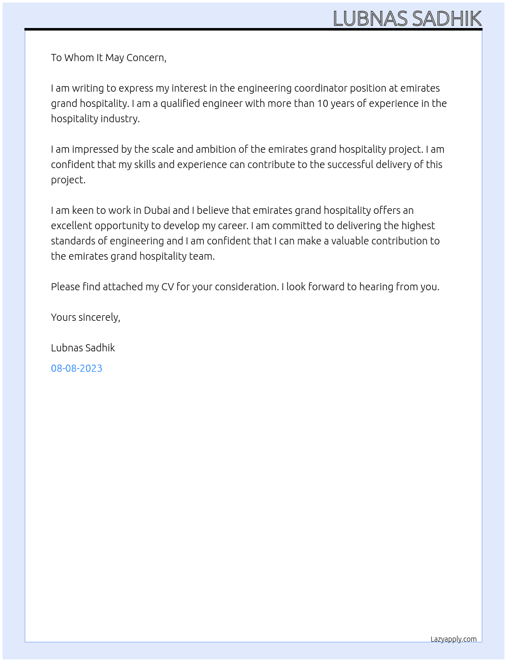 Engineering coordinator At emirates grand hospitality Cover Letter