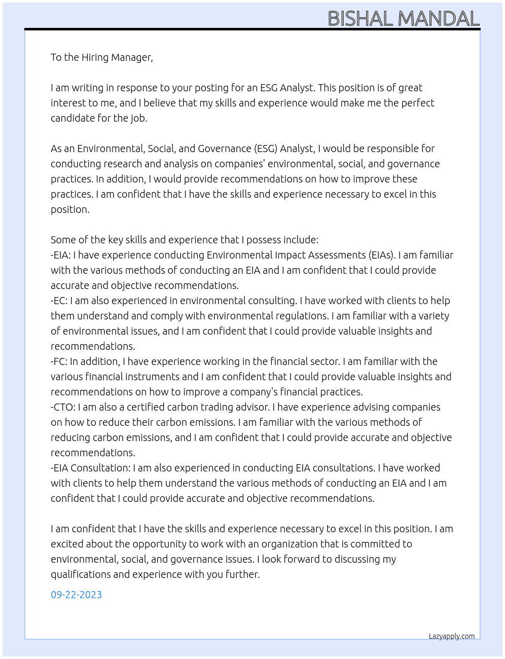ESG Analyst At Organisation Cover Letter