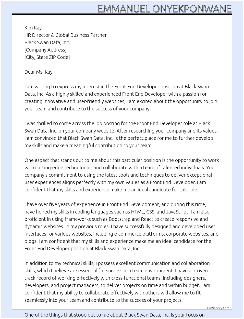 Front End Developer  At Black Swan Data, Inc. Cover Letter
