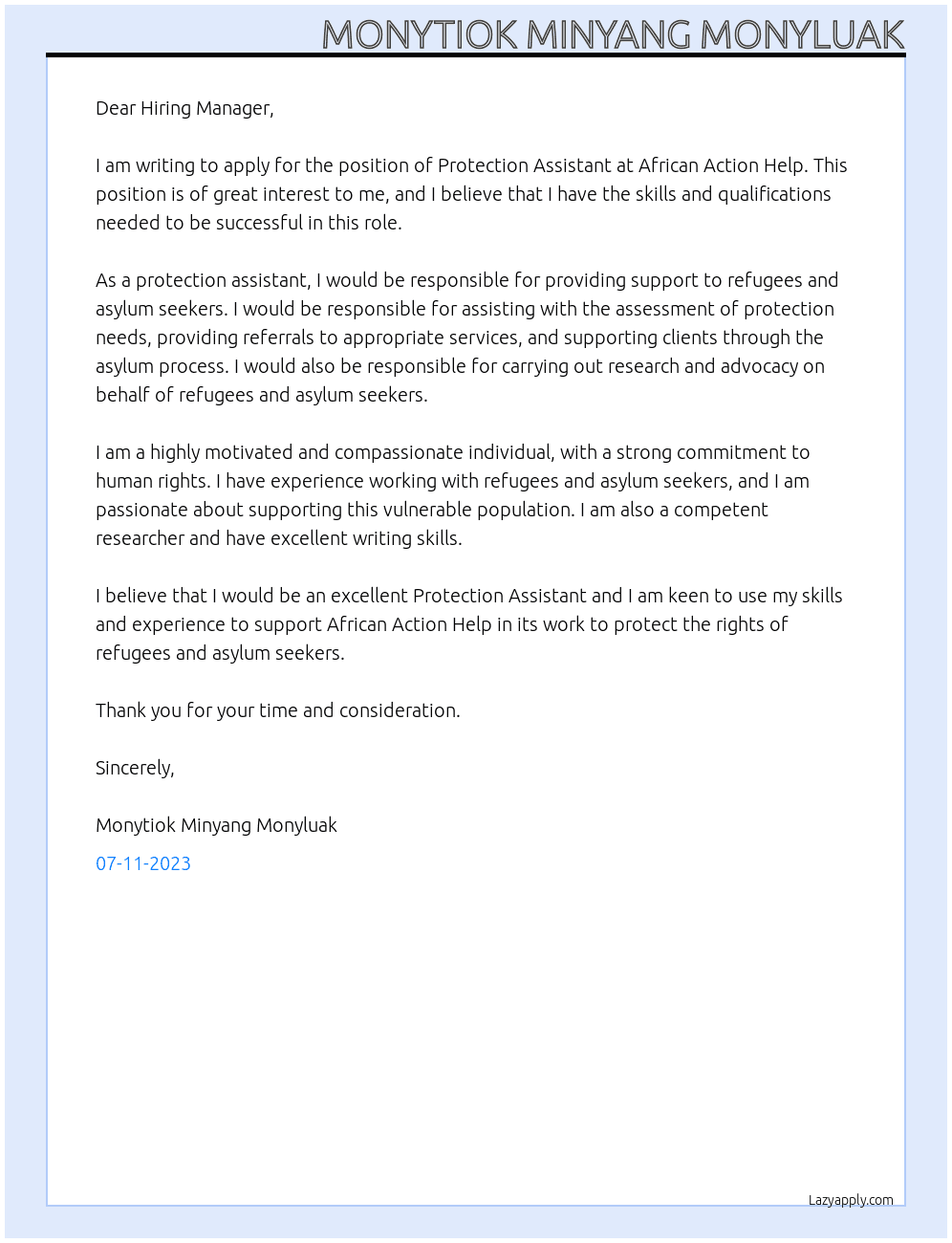 Protection assistant  At African Action Help  Cover Letter