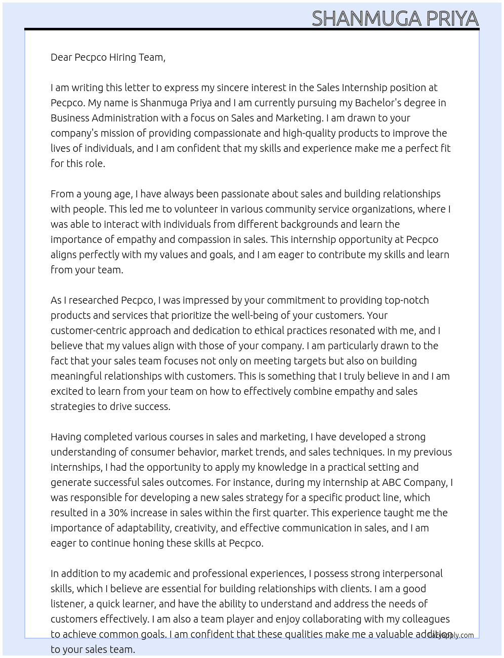 Sales  At Pecpco  Cover Letter