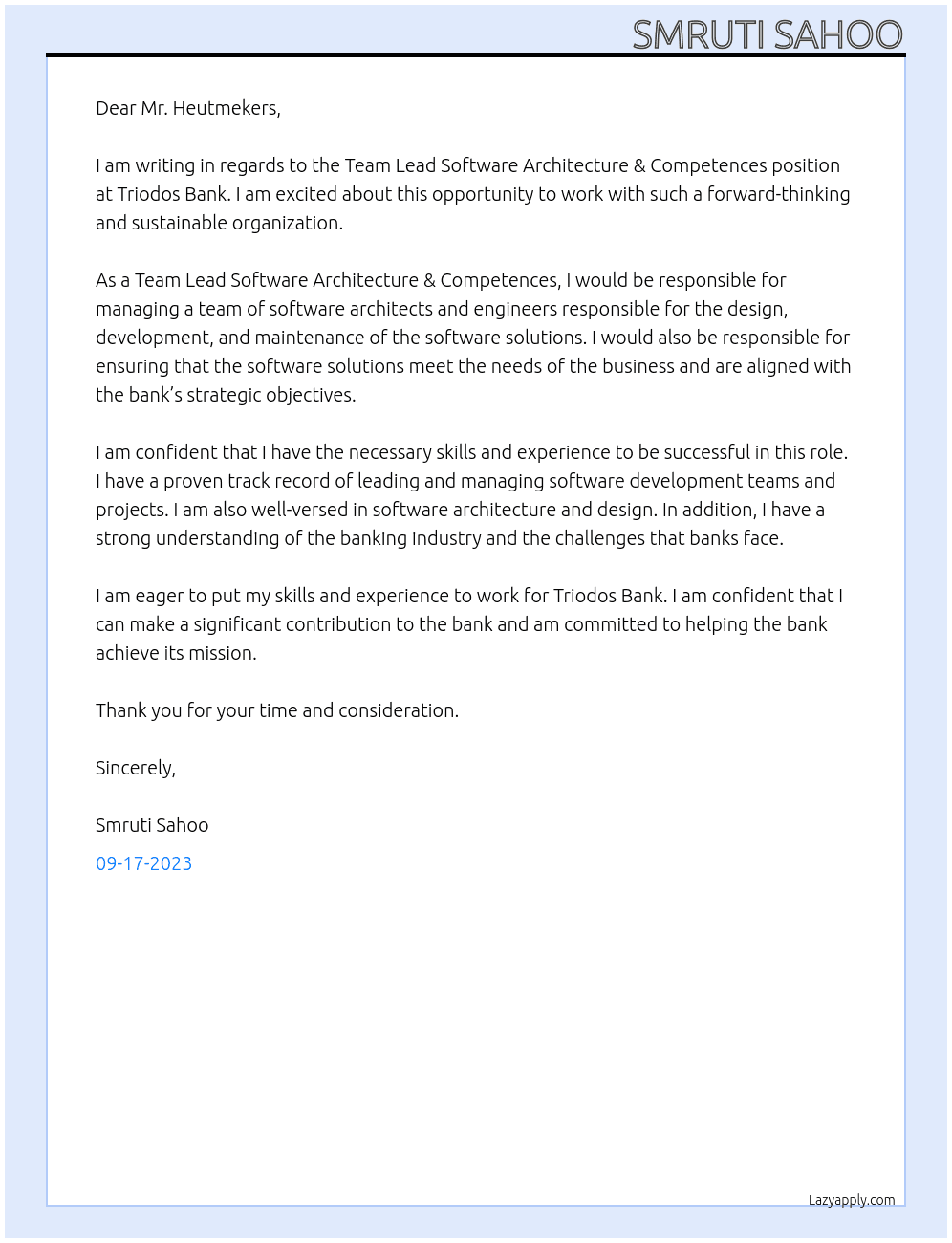 Team Lead Software Architecture & Competences At Triodos Bank Cover Letter