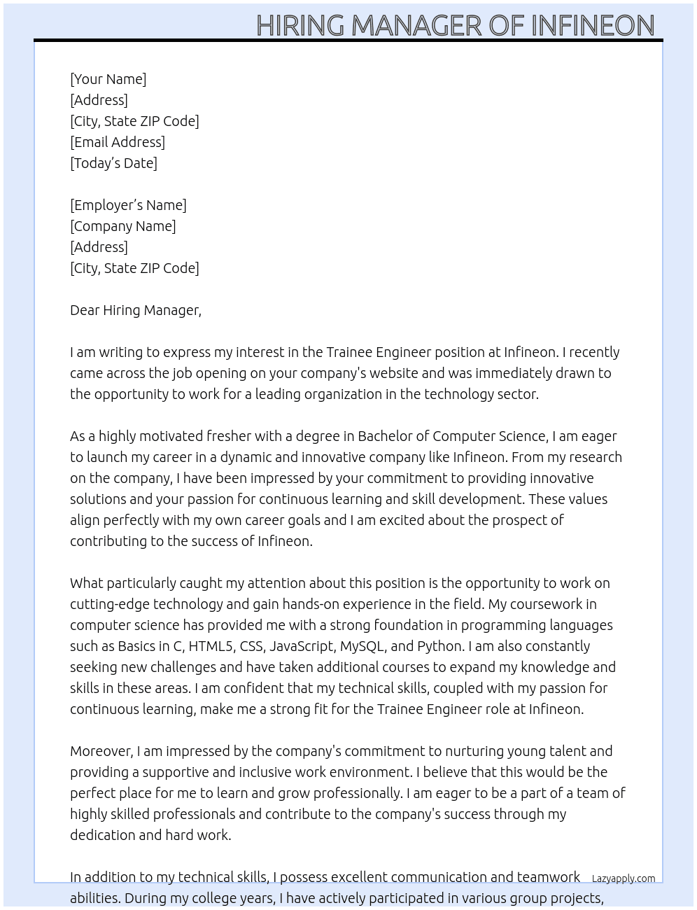 Trainee engineer  At Infineon Cover Letter