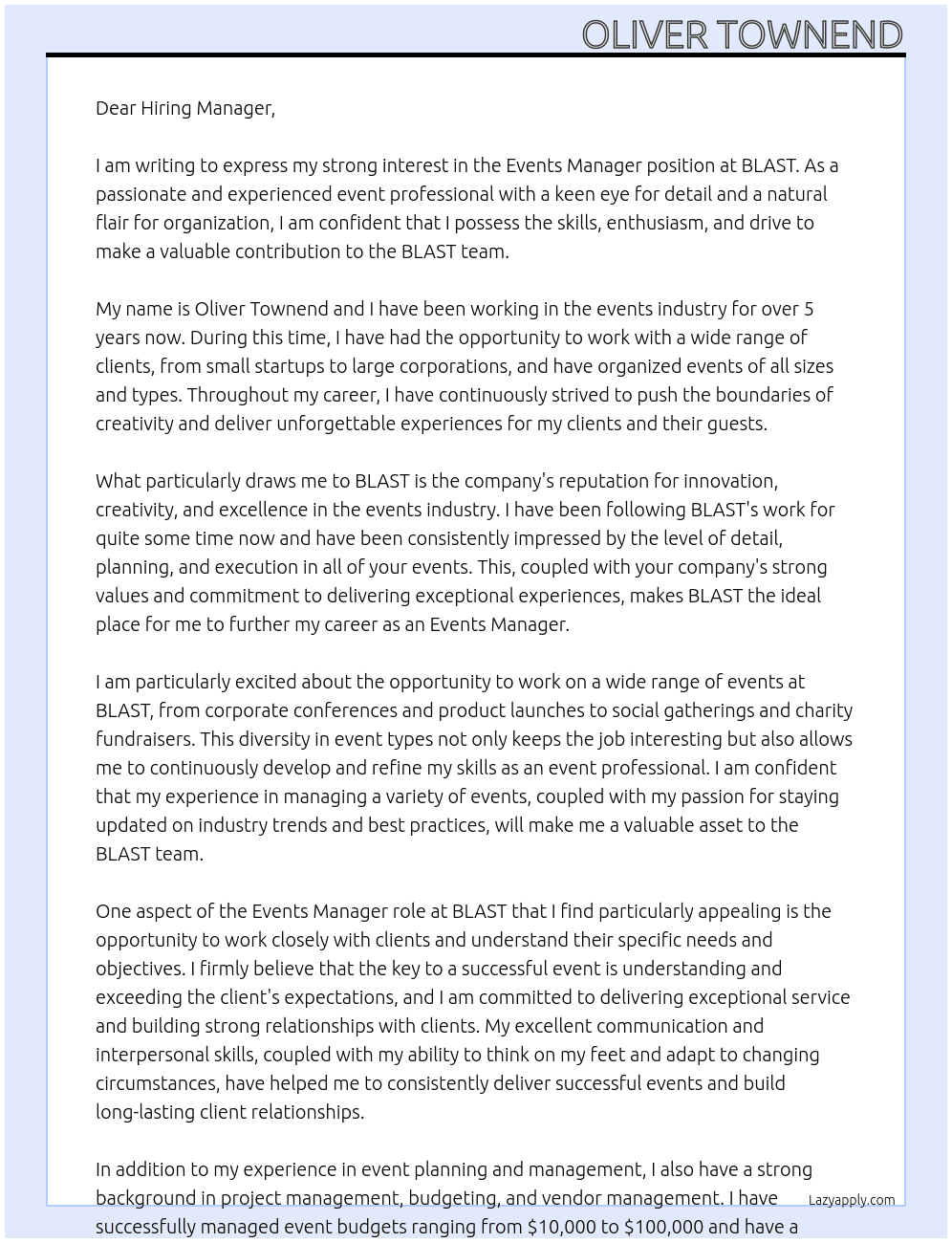 Events Manager At BLAST Cover Letter