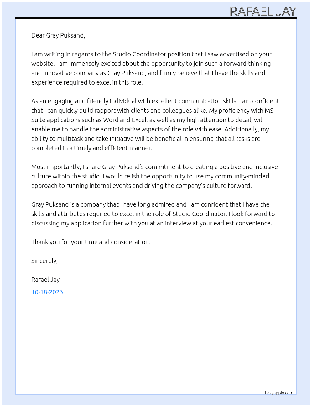 Studio Coordinator At Gray Puksand Cover Letter