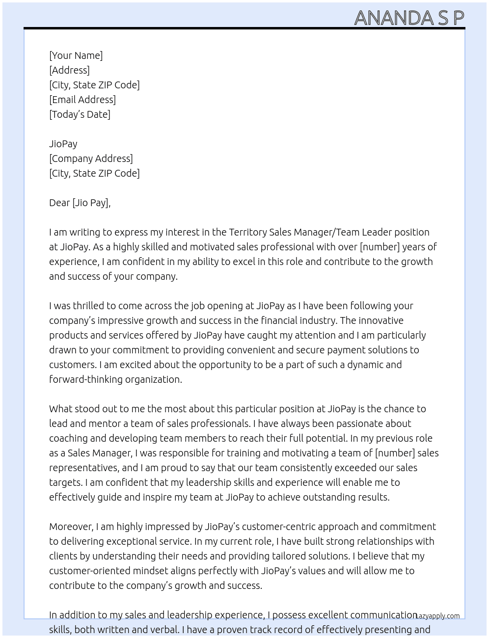 Territory Sales Manager or Team Leader  At JioPay Cover Letter