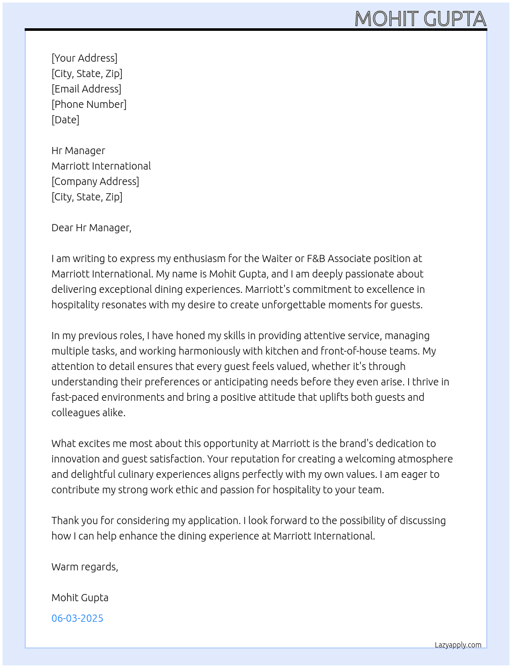 Waiter or F&b Associates  At Marriott International  Cover Letter