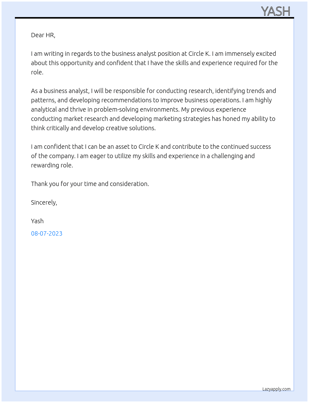 Business analyst At Circle k Cover Letter