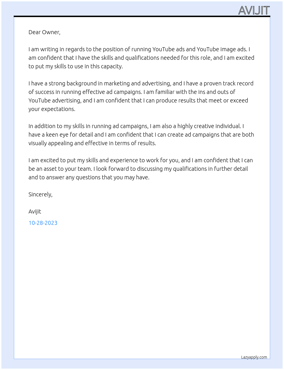Run YouTube ads and YouTube image ads At Owner Cover Letter