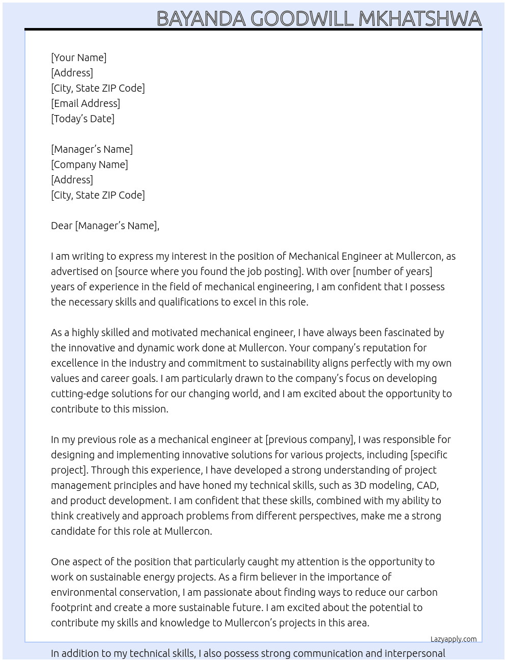 mechanical engineer At Mullercon Cover Letter