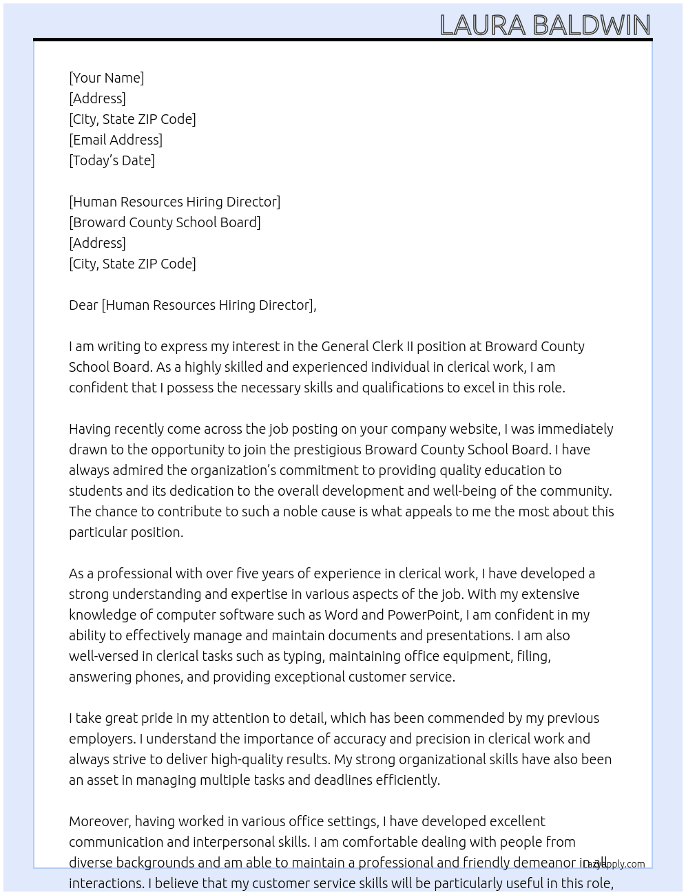 General Clerk II At Broward County School Board Cover Letter