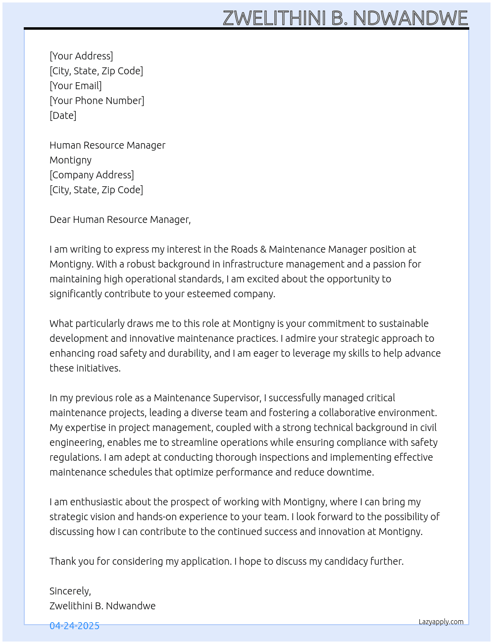 Cover letter for roads & maintenance manager - LazyApply