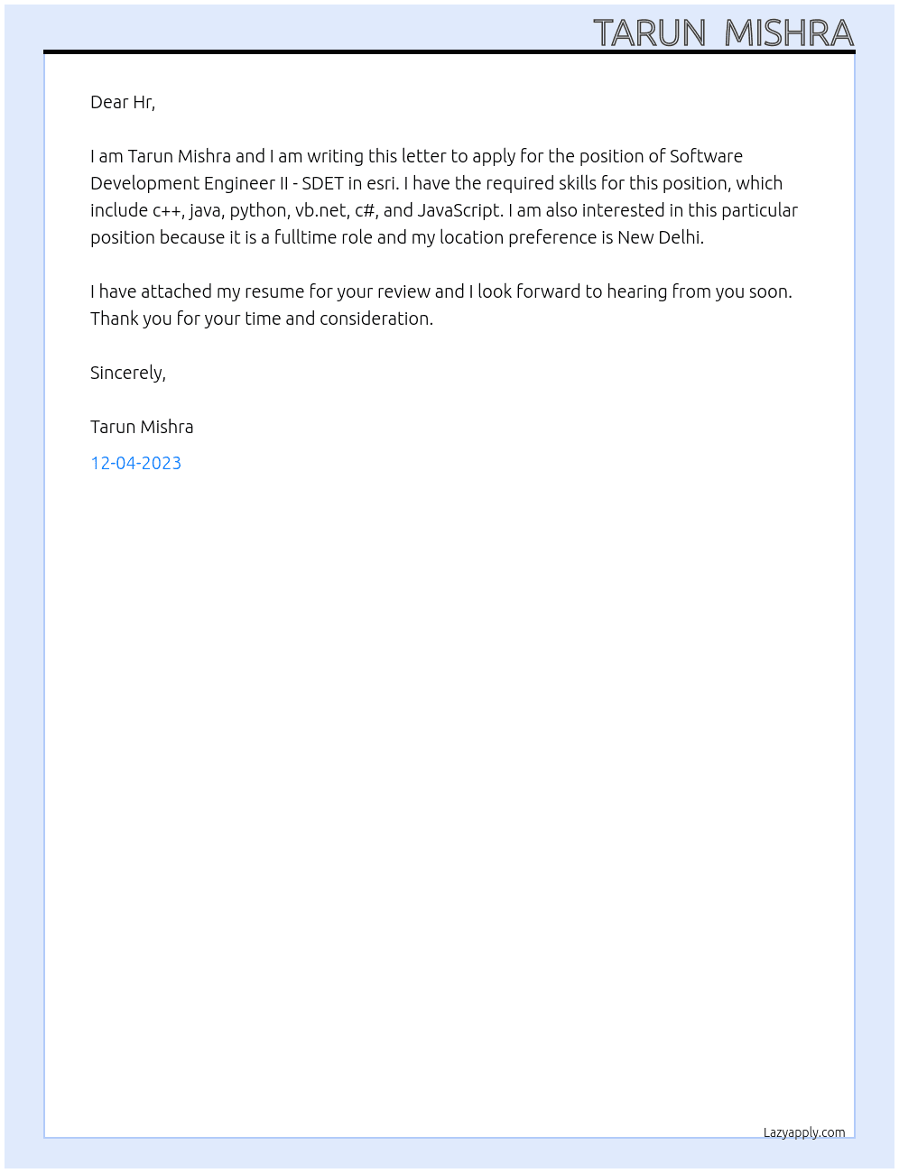 Software Development Engineer II - SDET At esri Cover Letter