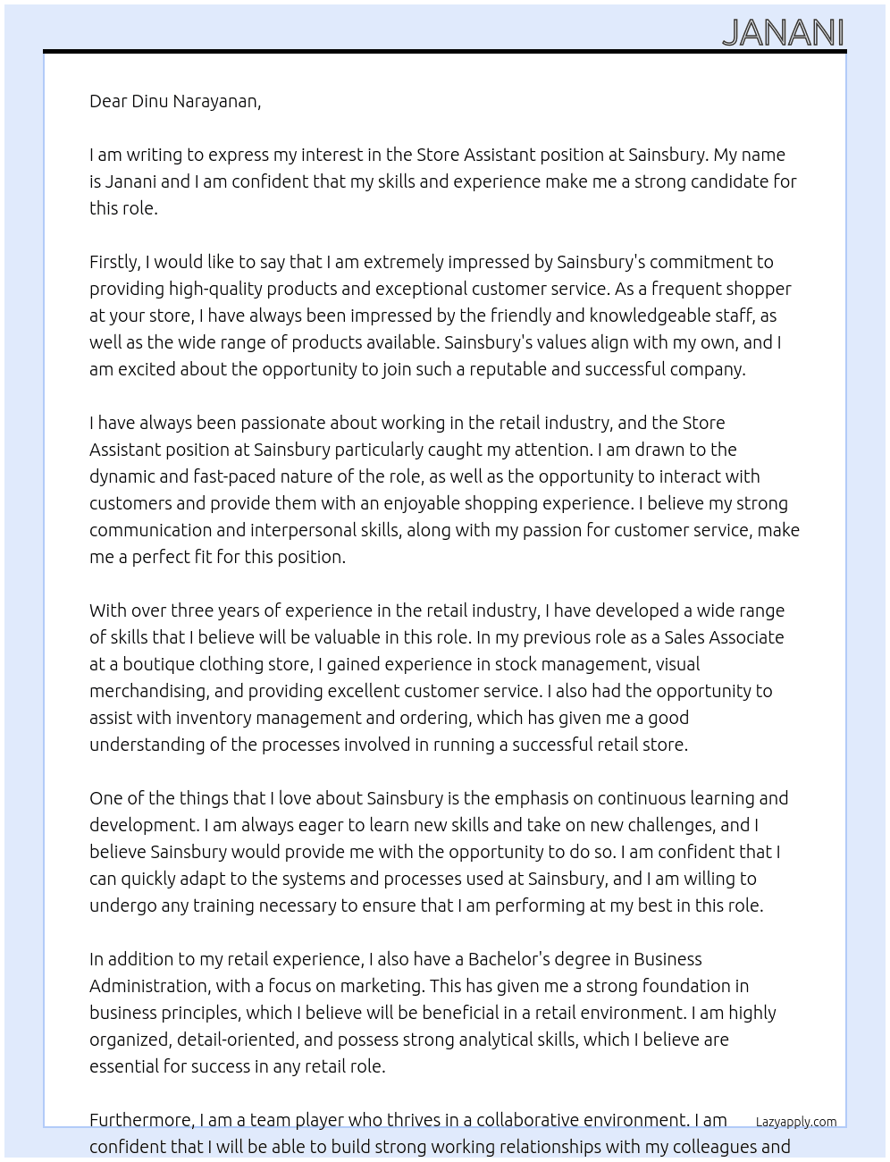 store Assistant  At sainsbury Cover Letter