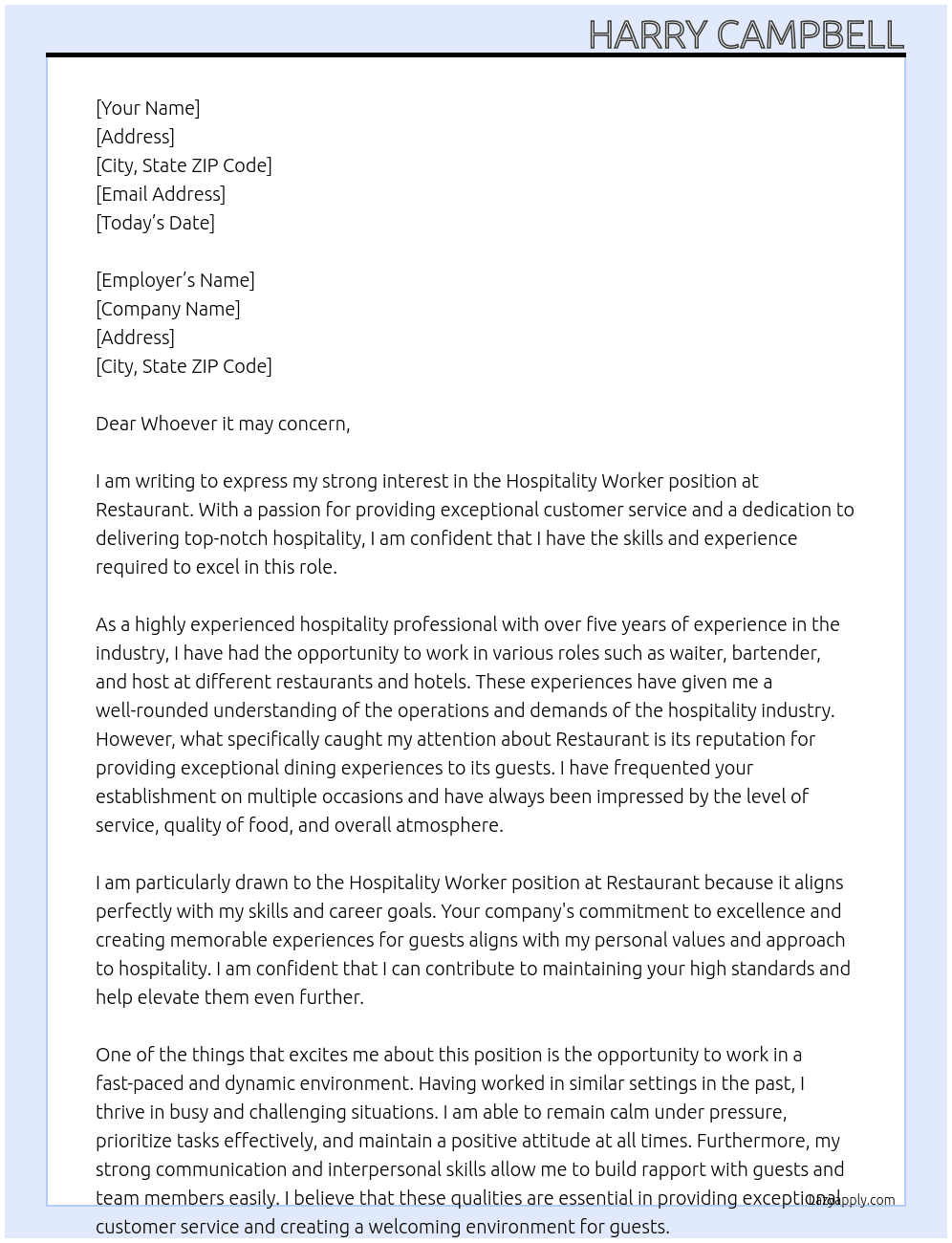 Hospitality worker  At Resteraunt  Cover Letter