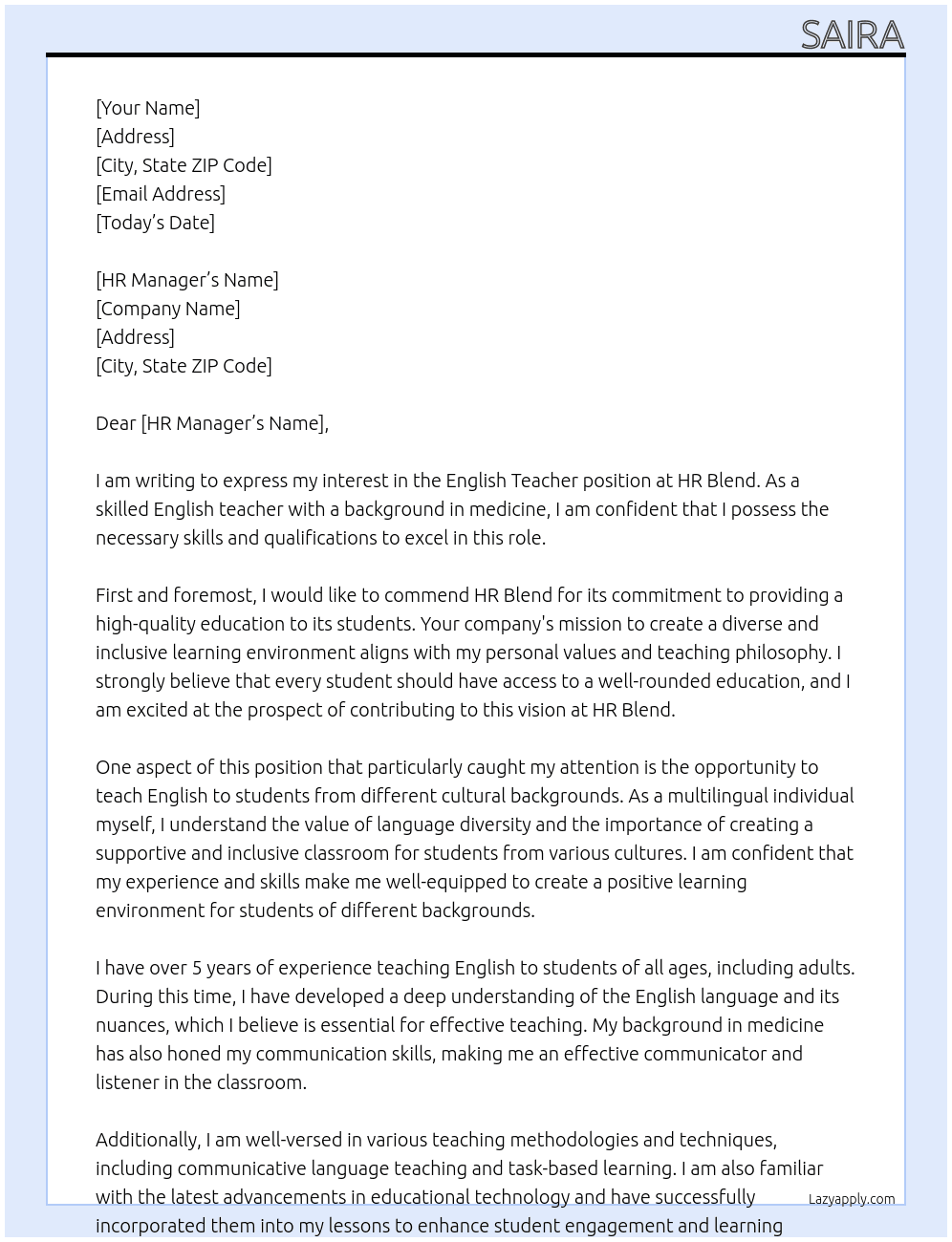english teacher At hr blend Cover Letter