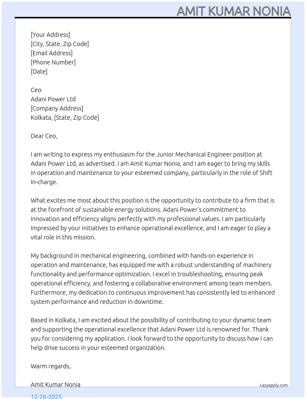 Junior Machanical Engineer  At Adani power ltd Cover Letter