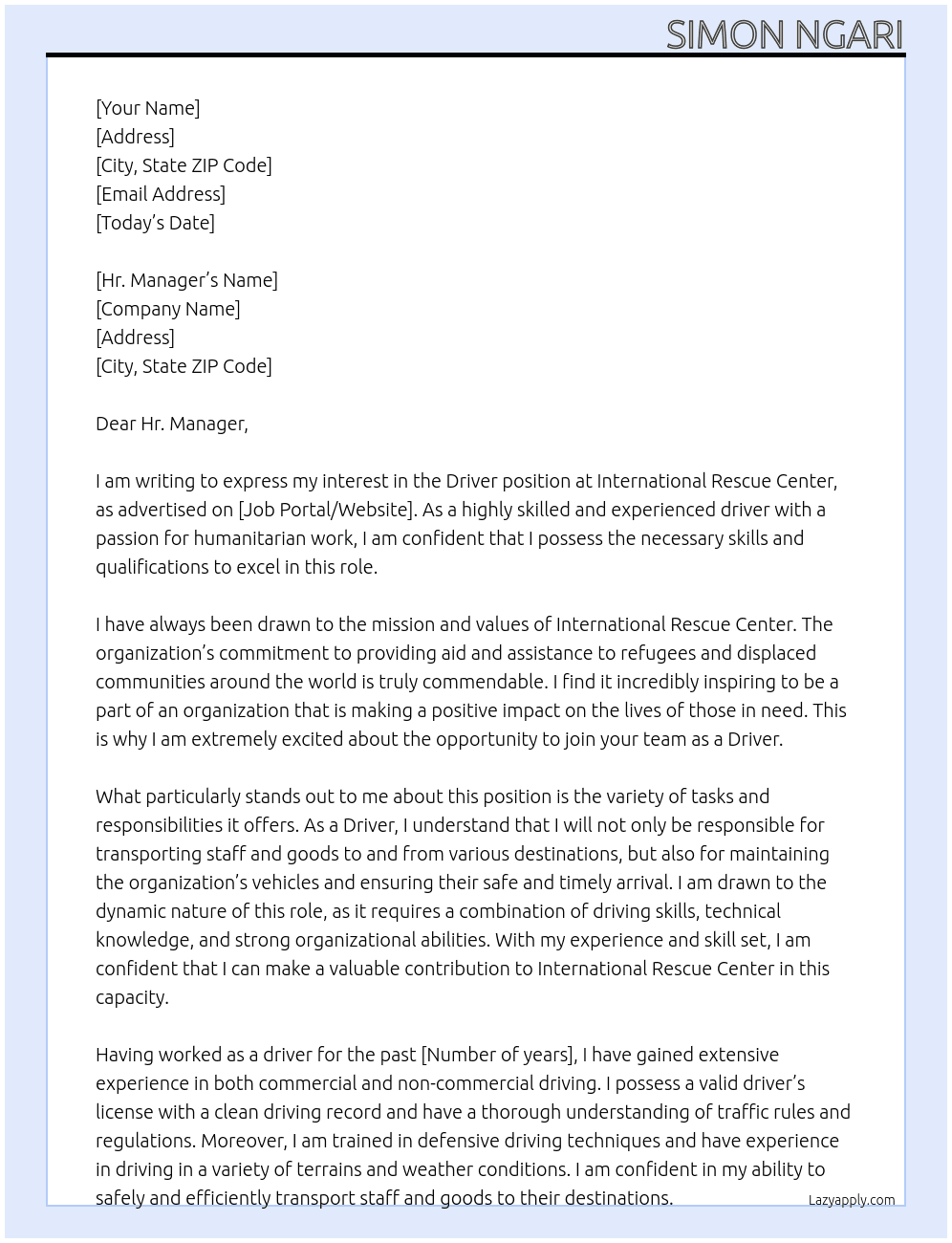 Driver At International Rescue Center Cover Letter
