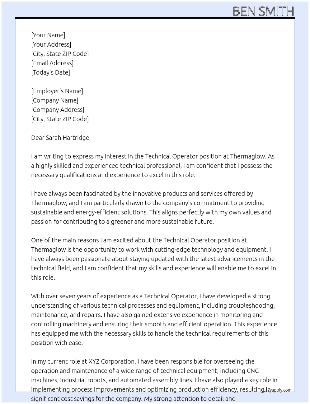 Technical opertor At Thermaglow Cover Letter