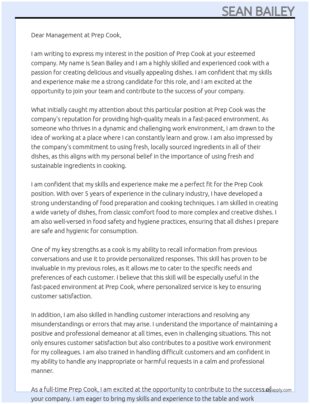 Prep cook At Prep Cook Cover Letter