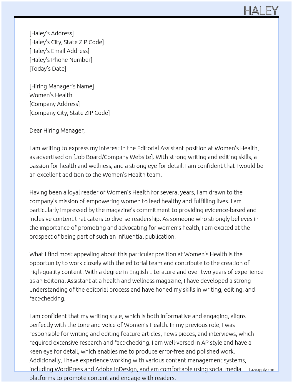 Editorial Assistant At Women's Health Cover Letter