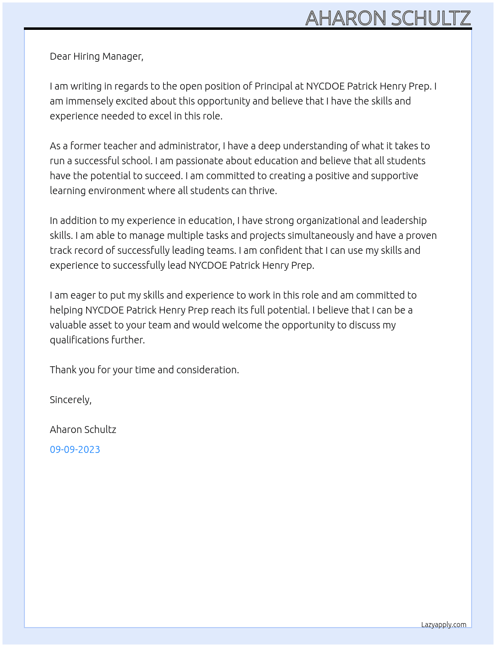 Principal At NYCDOE Patrick Henry Prep Cover Letter