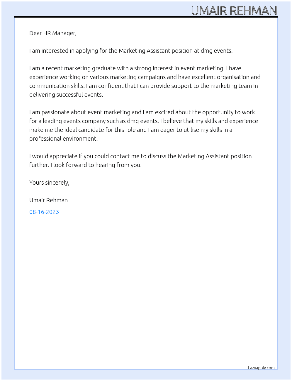 Marketing Assistant At dmg events Cover Letter