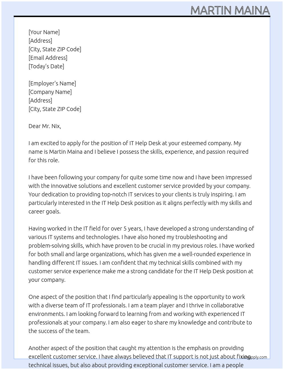 IT Help desk At Josh Nix Cover Letter
