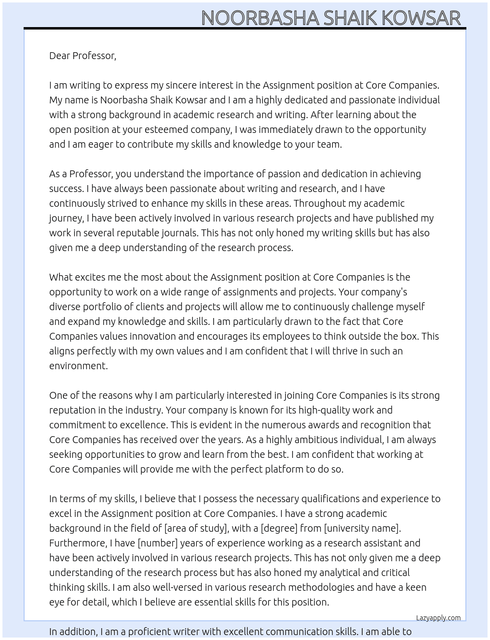 Assignment  At Core companies Cover Letter