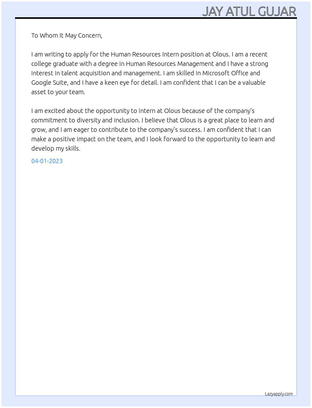Humam Resources Intern At Olous Cover Letter