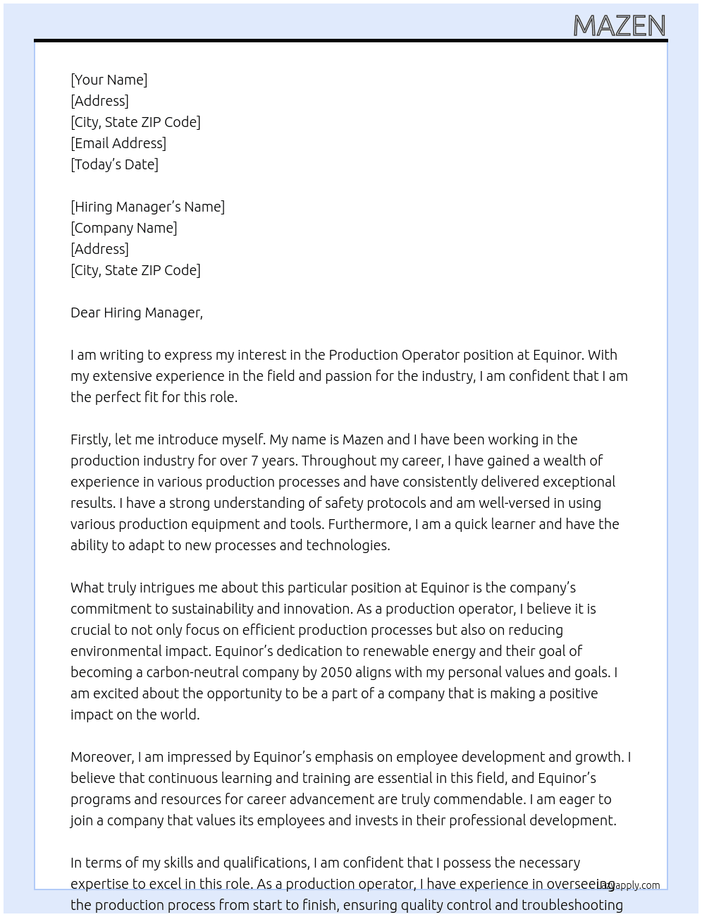 Production Operator  At Equinor Cover Letter