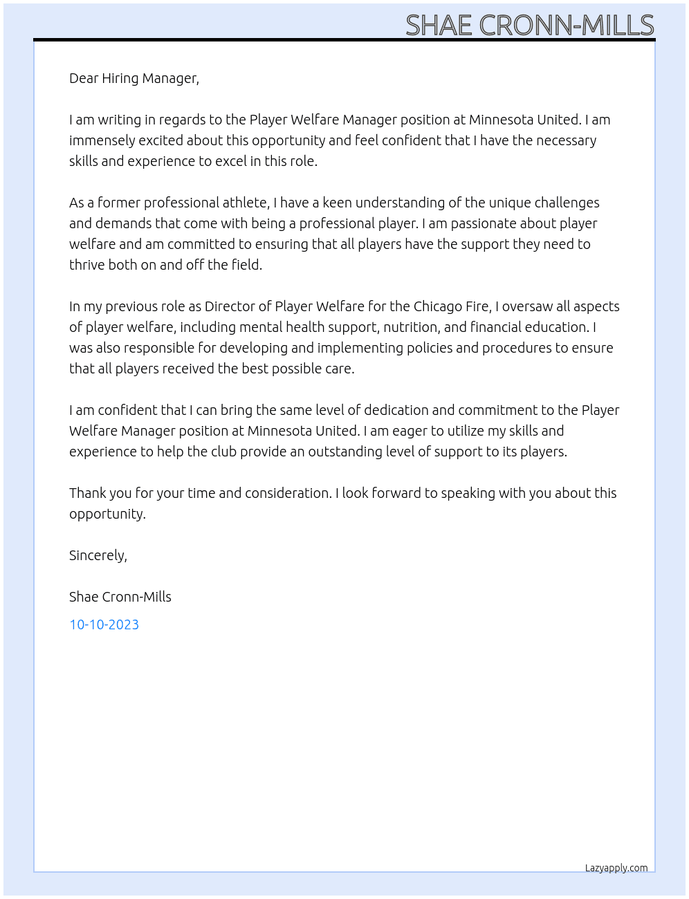Player Welfare Manager At Minnesota United Cover Letter
